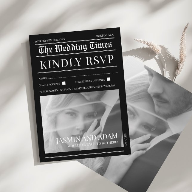 Newspaper Black Dark Mode Photo Wedding RSVP Enclosure Card (Newspaper Black Dark Mode Photo Wedding RSVP Enclosure Card)