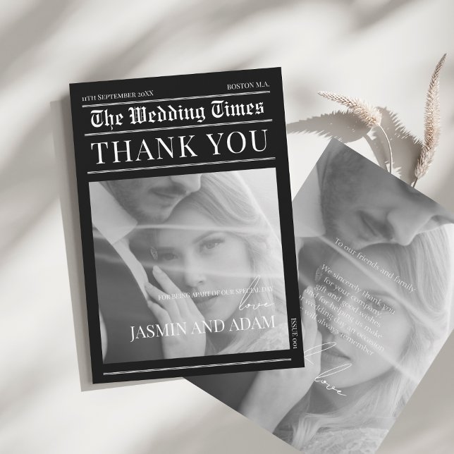 Newspaper Black Dark Mode Unique Photo Wedding Thank You Card (Newspaper Black Dark Mode Unique Photo Wedding Thank You Card)