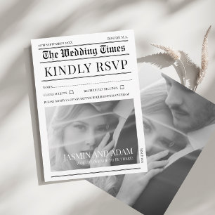 Newspaper Black White Unique Photo Wedding RSVP Enclosure Card
