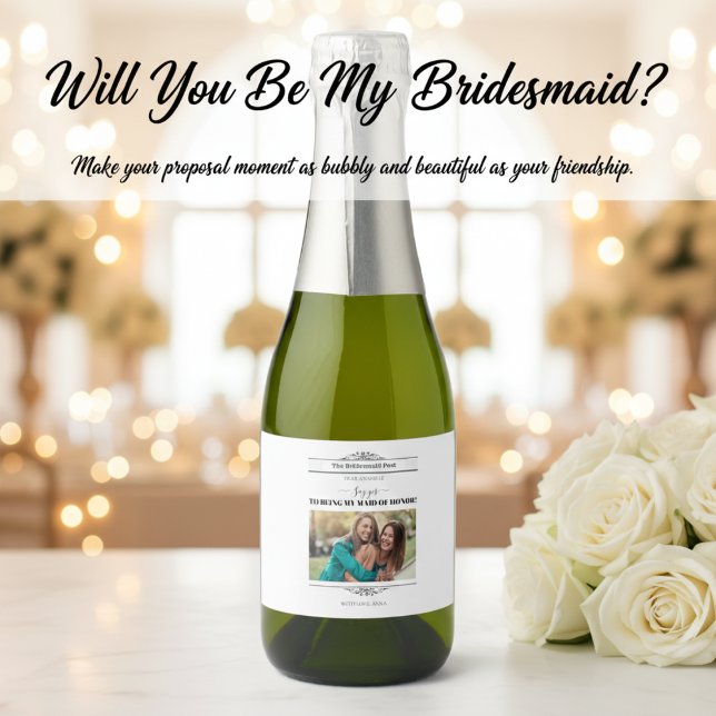 Newspaper Bridesmaid Proposal Retro Script Font Sparkling Wine Label (Creator Uploaded)