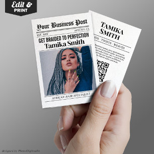 Newspaper Business Card, African Hair Braiding  Calling Card