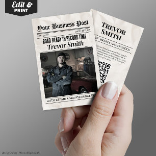 Newspaper Business Card, Auto Repair Car Mechanic Calling Card