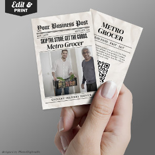 Newspaper Business Card, Grocery Delivery Service Calling Card