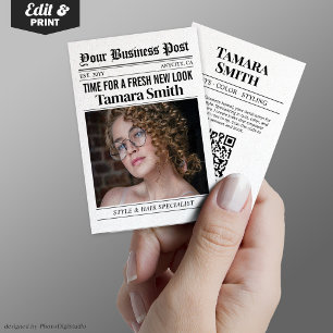 Newspaper Business Card, Hair Stylist Specialist Calling Card