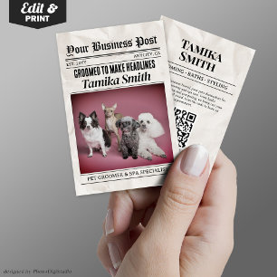 Newspaper Business Card, Pet Groomer & Pet Spa Calling Card