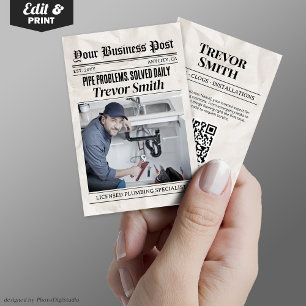 Newspaper Business Card, Plumber Plumbing Pro Calling Card