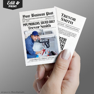 Newspaper Business Card, Plumber Plumbing Pro Calling Card