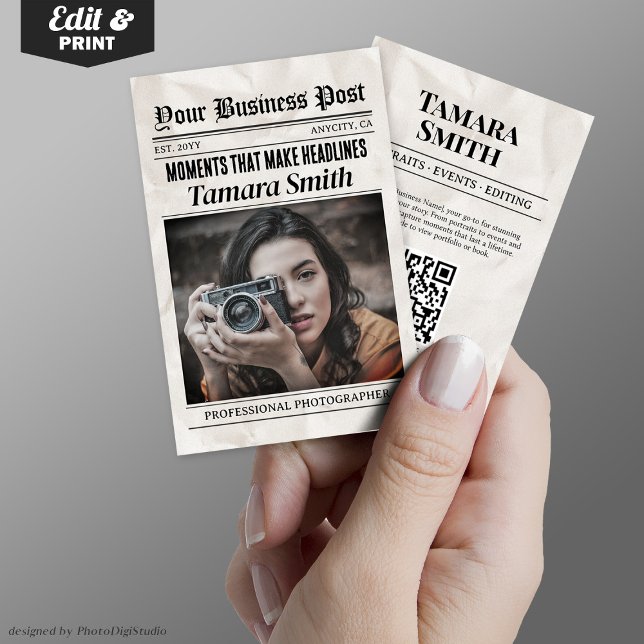 Newspaper Business Card, Professional Photographer Calling Card (Newspaper Business Card, Professional Photographer)
