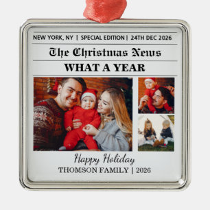 Newspaper Christmas Family 3 Photo Collage Metal Ornament
