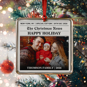 Newspaper Christmas Family Photo Metal Ornament