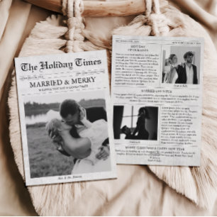 Newspaper Christmas Merry & Married 3 Photo Holiday Card