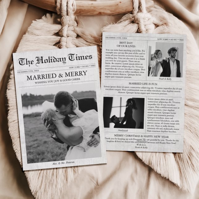 Newspaper Christmas Merry & Married 3 Photo Holiday Card (Married & Merry Newlywed Christmas Card, Our first Christmas Married Newspaper Holiday Card)