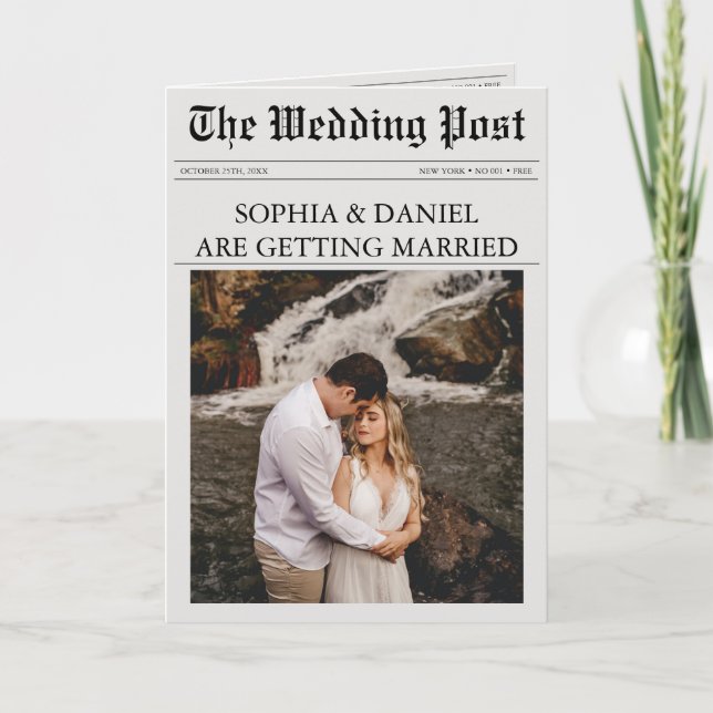 Newspaper Details Timeline QR All in One Wedding  Invitation (Front)