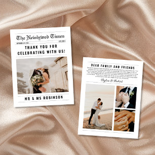 Newspaper Elegant Photo Collage Wedding Thank You Card