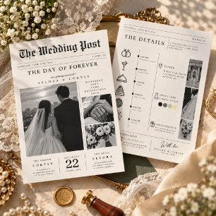 Newspaper Elegant Photo & Details Timeline Wedding Invitation
