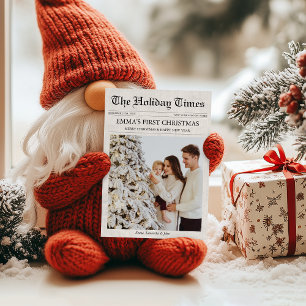 Newspaper First Christmas Baby Family Photo Unique Holiday Card