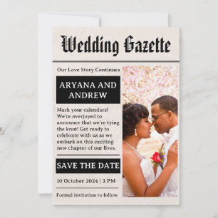 newspaper funny save the dates invitation