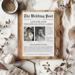 Newspaper Funny Unique Kids Save the Date Wedding  Invitation