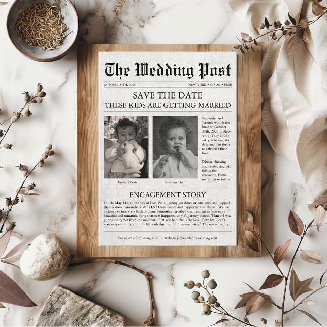 Newspaper Funny Unique Kids Save the Date Wedding  Invitation (Newspaper "these kids are getting married" funny retro unique quirky save the date)