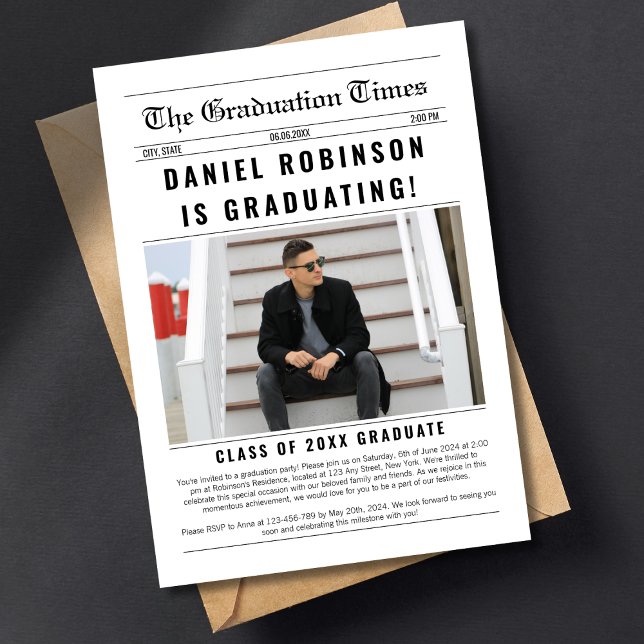 Newspaper Graduate Photo Stylish Graduation 2024 Invitation (newspaper graduation party invitation stylish classic photo grad invite for him)