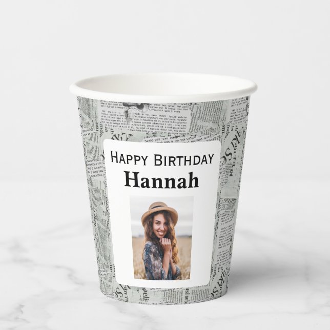 Newspaper Happy Birthday photo Paper Cups (Front)