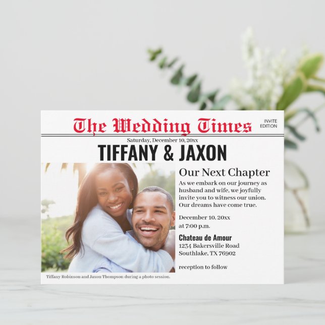 Newspaper Horizontal Red Wedding Invitation (Standing Front)