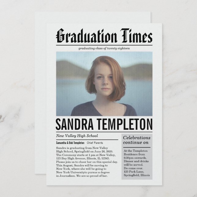 Newspaper in Colour Graduation Announcement (Front/Back)