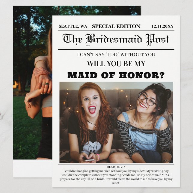 Newspaper Maid of Honour Proposal Card (Front/Back)