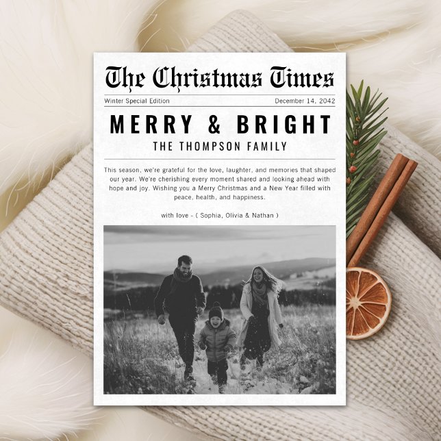 Newspaper Merry and Bright Family Christmas Photo Holiday Card (Creator Uploaded)