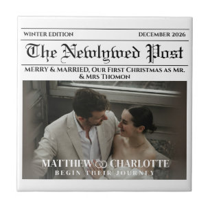 Newspaper Merry and Married Holiday Accents Photo Ceramic Tile