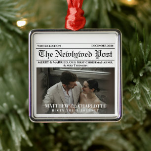 Newspaper Merry and Married Holiday Accents Photo Metal Ornament
