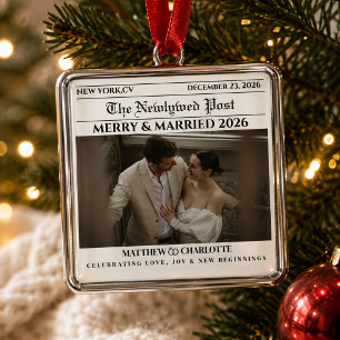 Newspaper Merry and Married Newlywed Photo Metal Ornament
