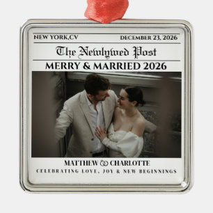 Newspaper Merry and Married Newlywed Photo Metal Ornament