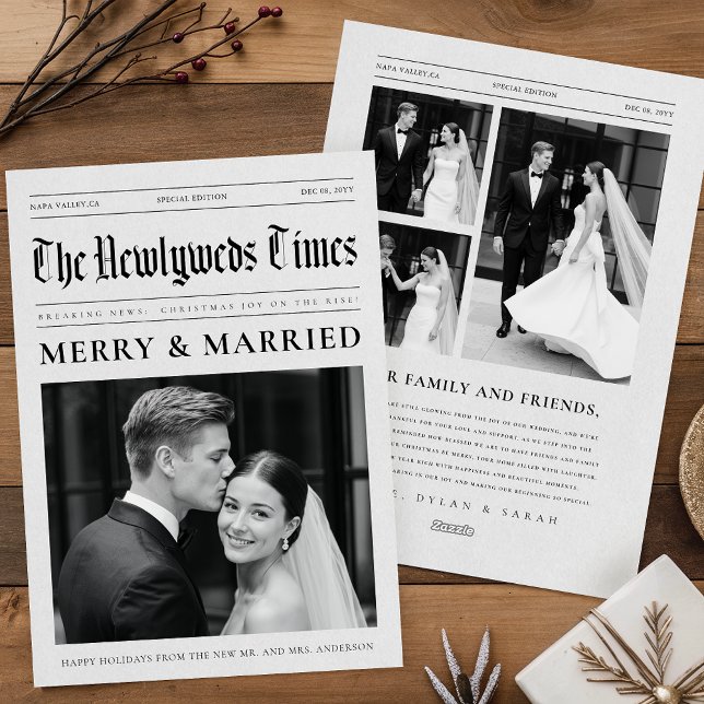Newspaper Merry And Married Newlywed Wedding Photo Holiday Card (Creator Uploaded)