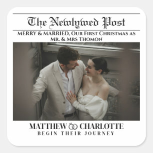 Newspaper Merry and Married Photo Square Sticker