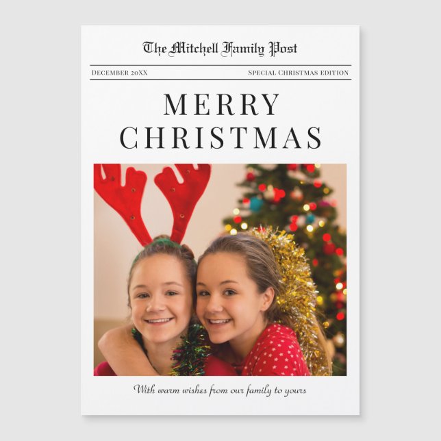 Newspaper Merry Christmas magnetic holiday card (Front)
