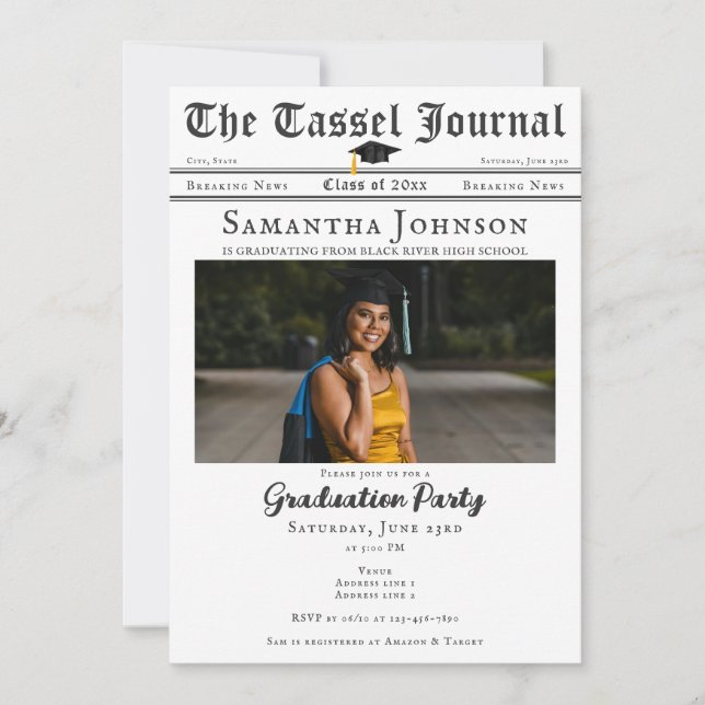 Newspaper Modern Tassel 2 Photos Graduation Party Invitation (Front)