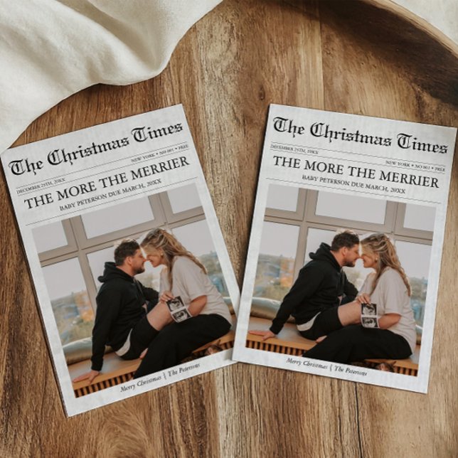 Newspaper More the Merrier Baby Christmas Holiday Card (The more the merrier, Christmas Newspaper Family Holiday Card Pregnancy Announcement)