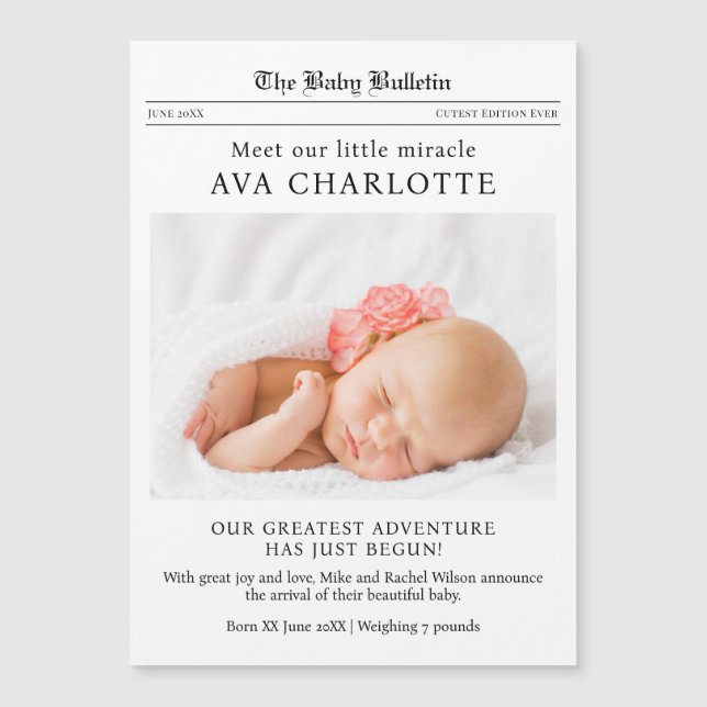 Newspaper Newborn Baby Announcement Magnetic Card (Front)