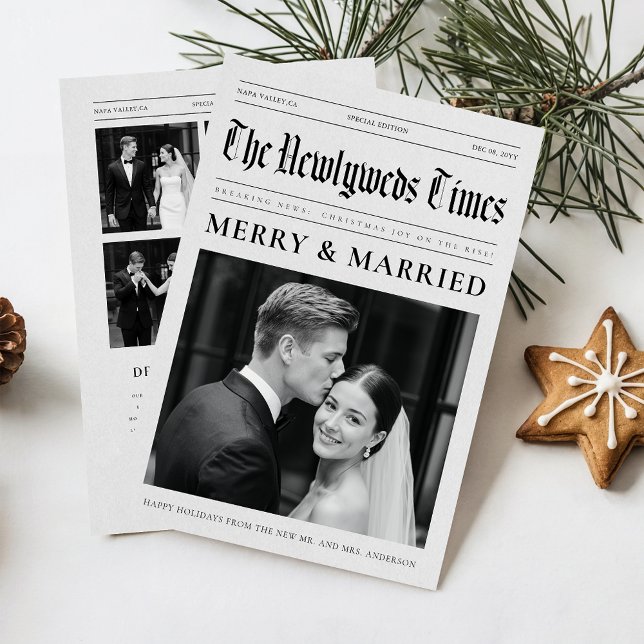 Newspaper Newlywed Black and White Photo Christmas Holiday Card (Creator Uploaded)
