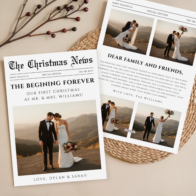 Newspaper Newlywed Couple Wedding Photo Christmas Holiday Card (Creator Uploaded)