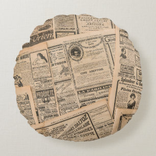 Newspaper pages with antique advertising. Vintage Round Cushion