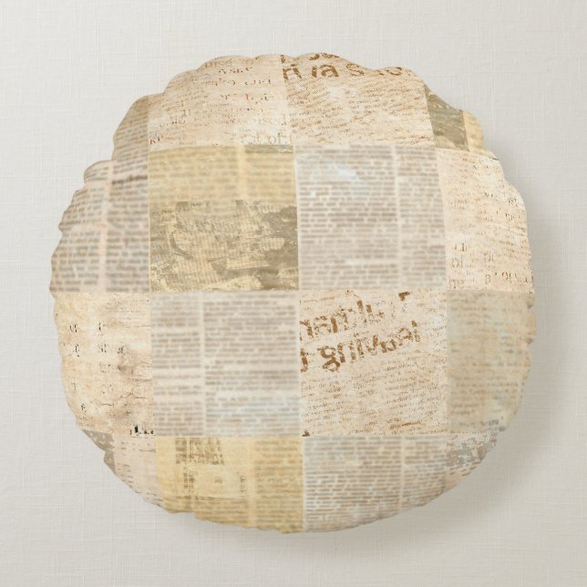 Newspaper paper grunge aged newsprint pattern back round cushion (Front)