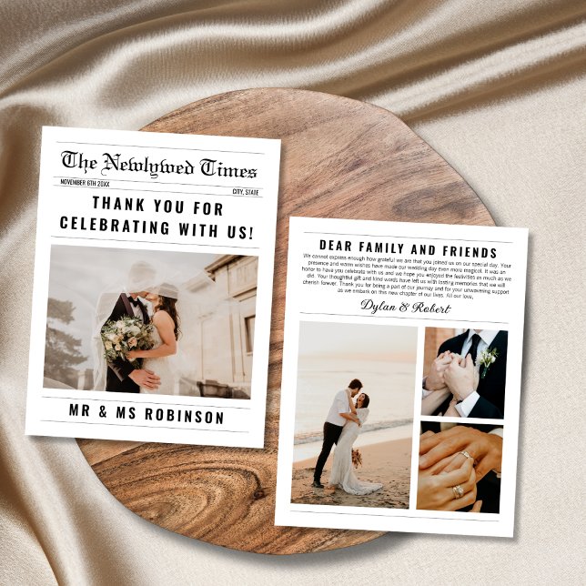 Newspaper Photo Collage Elegant Wedding Thank You Card (newspaper wedding thank you card 4 photo collage classic elegant)
