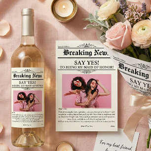 Newspaper Photo Maid of Honor or Bridesmaid Sparkling Wine Label