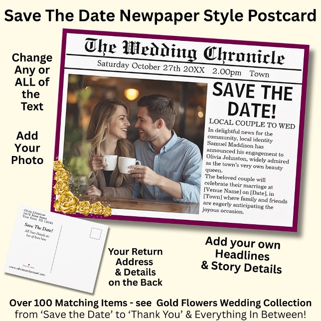 Newspaper Photo Style Save The Date, Maroon & Gold Announcement Postcard (Creator Uploaded)