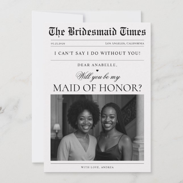 Newspaper Photo Unique Maid of Honour Proposal Invitation (Front)