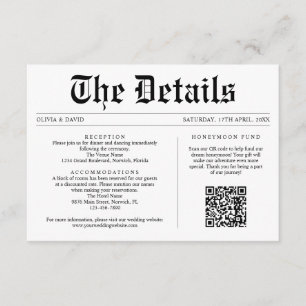Newspaper QR Code Unique Wedding Details Enclosure Card