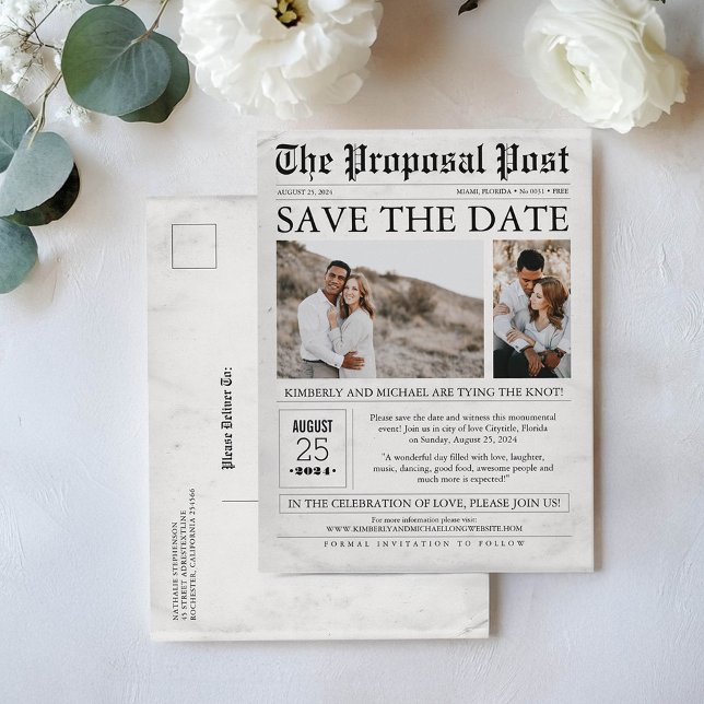 Newspaper Save the Date Two Photos Postcard (Newspaper Save the Date Postcards)