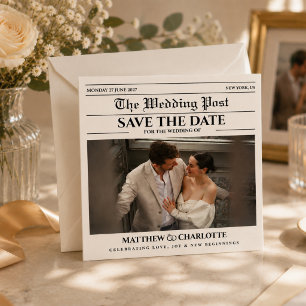 Newspaper Save the Date Wedding Beige Card